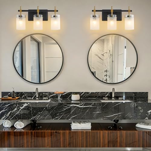 Image of 3-Light Modern Bathroom Vanity Light,Black and Gold Light Fixtures for Bathroom,Modern Wall Light Over Mirror with White Linen Frosted Glass E26 Socket (Bulbs Not Included)