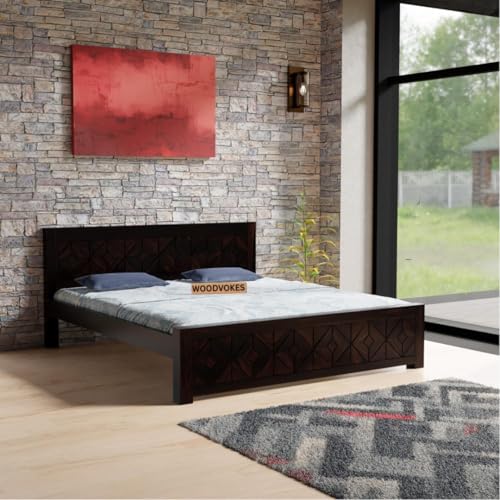 Image of Sheesham Wood Queen Size Bed Without Storage Solid Wooden Cot Double Bed for Bedroom Living Room Home Palang (Walnut)