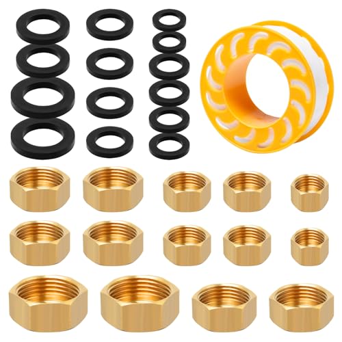 UTMACH Tapón de Latón Hembra 1/8 1/4 3/8 1/2 3/4 14 Piezas Grifo Jardin Tapón Hembra Ciego para Radiadores Tubos Tapón Hembra Latón con Arandela Plana Nailon y Cinta Teflón Fontanería