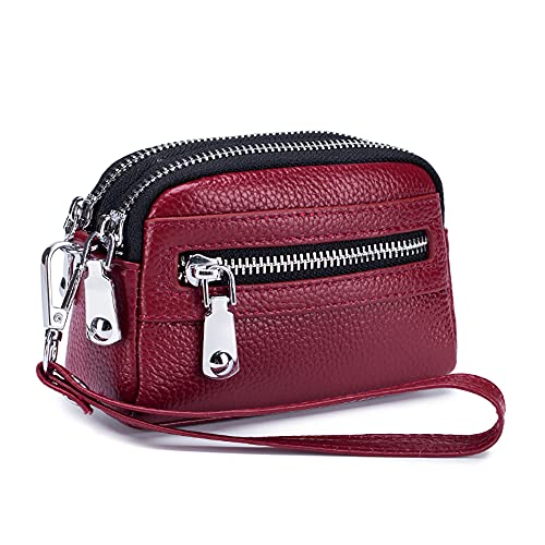 TIANHONGDAISHU Double-zipper Ladies Purse Coin Pocket First Layer Cowhide Leather Large Capacity Multifunction Long Clutch Wristlet Wallet, Wine Red, S