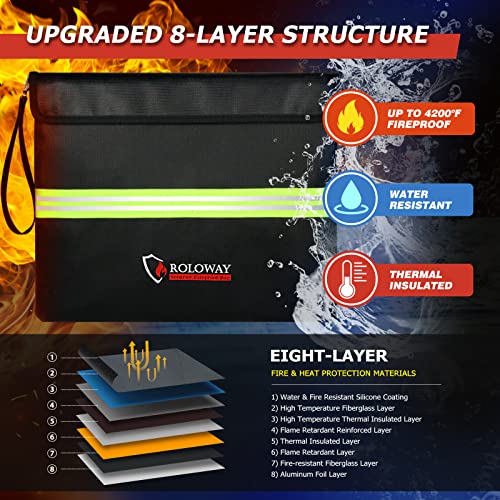 Roloway Fireproof Document Bag (14 X 11 Inch) With 4200°F Upgraded Aluminum Foil Layer, Fireproof Bag For Documents With Reflective Strip, Fireproof Money Bag For Cash Safe With Zipper (Black) #TOP2