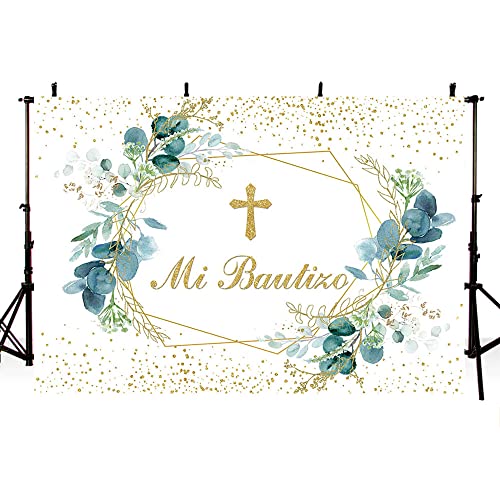 AIBIIN Meu batizo cenário de 7 x 5 pés, Deus abençoe folhas de eucalipto verdes e dourados, fundo de fotografia, primeira comunhão batizado, festa de aniversário, Baby Shower, pastel, mesa de estudo