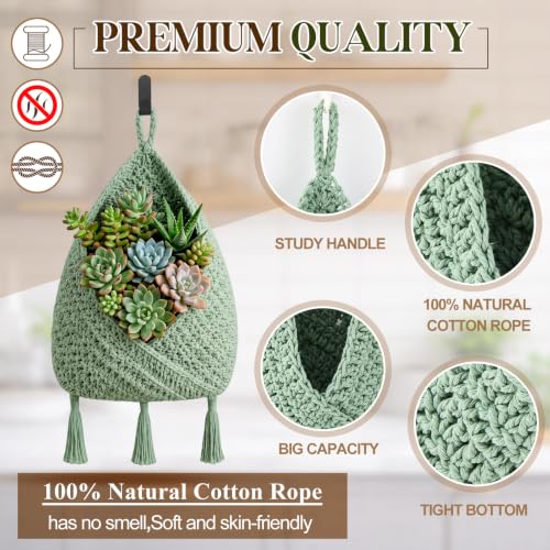 Image of Honeydak 3 Hanging Baskets, Sage Green, Triangular Tassel, Jute