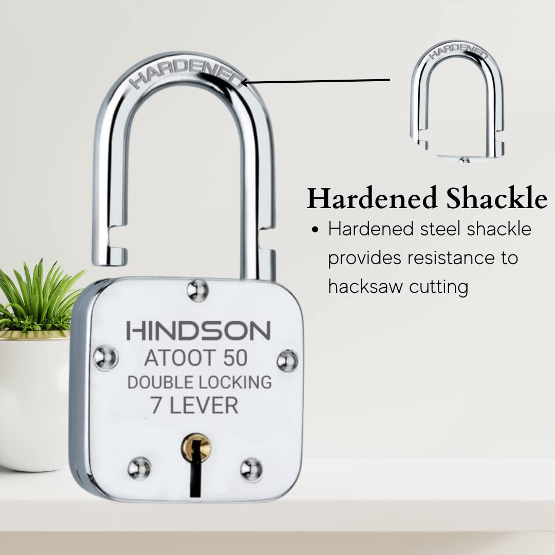HINDSON Atoot 50mm Lock | Steel Body | Hardened Shackle | 7 Steel Lever | 3 Silver Keys with Keychain | 1 Lock | Made in India | Silver Finsh — Amazon image 2