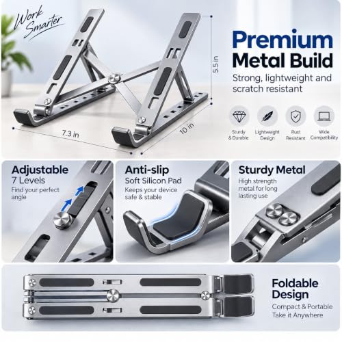Image of Adjustable Metal Laptop Stand, 6-Level Foldable Ergonomic Riser, Silver
