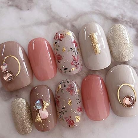 Amazon ネイルチップ 5サイズから選べます 1635 くすみベージュボタニカル小花フラワーシルキーグレーピンク B F 春ネイル ピンクネイル 成人式ネイル ブライダルネイル すみれいろネイル ネイルチップ 通販