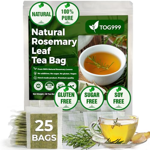 Image of TOG999, 25 Rosemary Leaf Tea Bags, 100% Natural & Pure from Rosemary Leaves. Loose Leaf Rosemary Herbal Tea. Rosemary Leaf Tea. No Sugar, No Caffeine, No Gluten, Vegan.