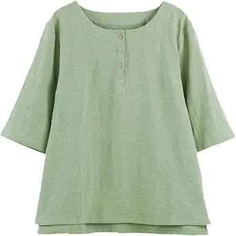 Minibee Women's 3/4 Sleeve Cotton Linen Jacquard Blouses Top T-Shirt