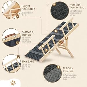 Dog Ramp for Bed - Car Ramp for Dog - Anti-Slip Carpet - 39" Long Adjustable 16"-24" Dog Ramps for Small Dogs Medium Dogs - Dog Ramp for Couch, Bed or Sofa, Folding Portable Wooden Pet Ramps