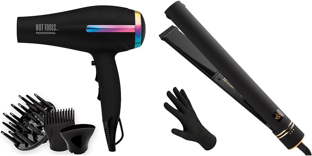 Professional Rainbow Turbo Ceramic Hair Dryer | 1875W Powerful and Quiet Blowouts & Pro Artist Black Gold Evolve Ionic Salon Hair Flat Iron | Long-Lasting Finish for Straightening Hair,