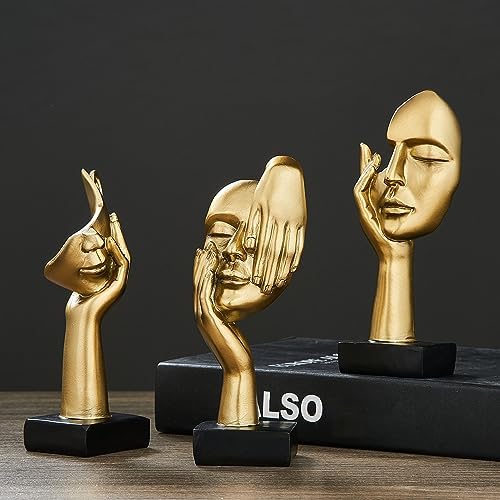 AWNR 3 Pcs Woman Face Statue Figurines Gold Decor Set of 3 Abstract Art Sculpture for Modern Home Decor Living Room TV Stand Mantel Shelf Decor Accents Office Table Decorations