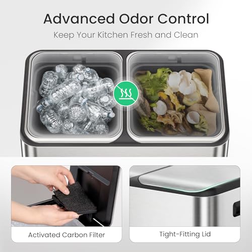 Cesun Kitchen Trash Can, 8 + 8 Gallon Dual Trash and Recycle Bin Combo, 2 Compartment Stainless Steel Kitchen Garbage Can with Lid, Removable Inner Buckets, Soft Close, Odor Filter, 30L+30L - Thumbnail 5