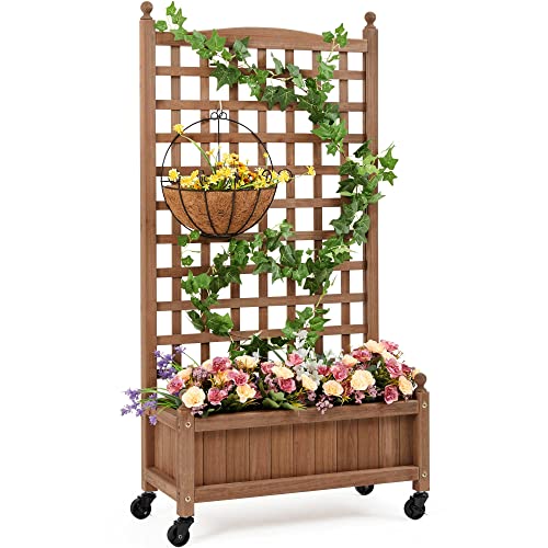 Yaheetech Raised Bed Fir Wood Raised Garden Bed Raised Planter Box for Vine Climbing Plants with Trellis and Wheels for Vegetable Flower Herbs