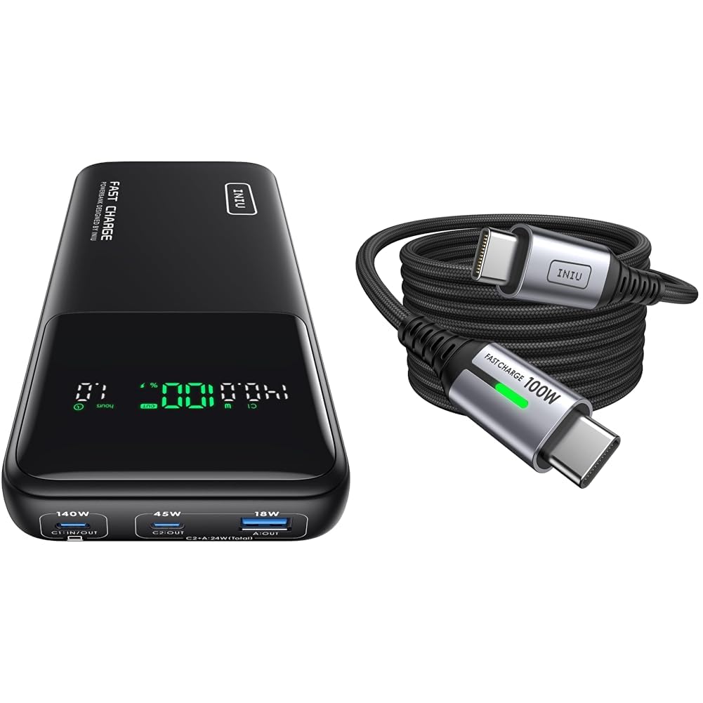 INIU Batterie Externe, 140W Power Bank 27000mAh, Batterie Portable USB C Input & Out & Câble USB C, 2m 100W PD 5A Cable USB C Charge Rapide QC 4.0 Chargeur Type C Nylon Tressé