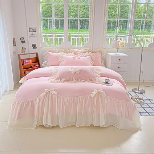 Girls Lace Bedding,Queen Comforter Cover Set, Chic Ruffled Duvet Cover with Lovely Bow,Princess Style 1 Duvet Cover with 2 Pillowcases, No Comforter-Pink,Queen Size