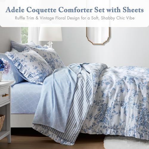 Image of Madison Park Essentials Adele Blue Floral Full Size Comforter Set - Vintage Bed in a Bag with Sheets, Reversible Ruffle Bedding, Elegant Gift for Her
