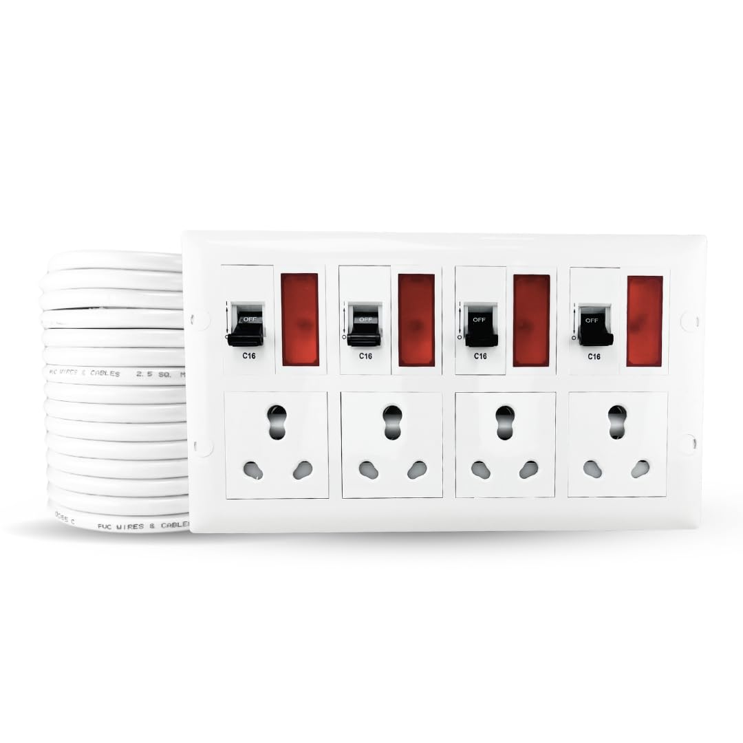 Crexan Heavy Duty Extension Board | 4 Nos 16 Amp Sockets with 16A MCB | 3500W Cable Power Cord for Office, Home, Appliances,AC, Gadgets, PC (3500 Watts 16Amp Big Plug, 2 Meter)-image-33