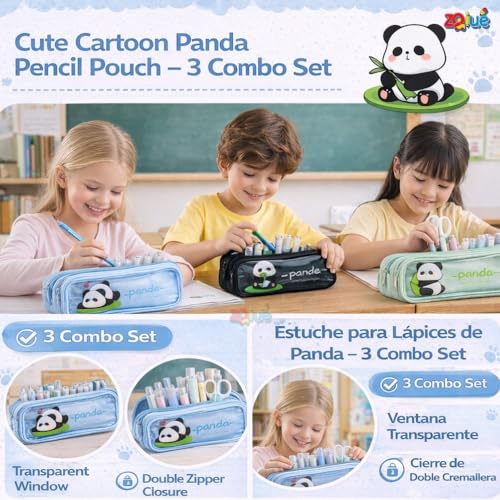 Image of Zqiue Cute Panda Pencil Pouch 3 Combo Set, Double Zipper Transparent Window Pen Case, Large Capacity Canvas Storage Bag for School, Kids, Teens & Office