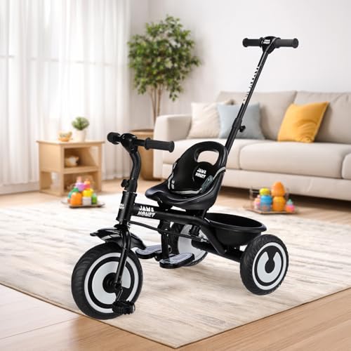 Image of Amazon Brand - Jam & Honey Tricycle for Kids | Seatblet, Parental Handle, & Storage Basket | ISI & BIS-Compliant | for Boys and Girls 2 to 4 Years | 73 x 46 x 90 cm | Black