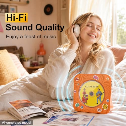 Image of Gueray CD Player Portable Bluetooth Desktop CD Player for Home with Timer Built-in HiFi Speakers with LCD Screen Display Boombox FM Radio USB Type-c (Orange)