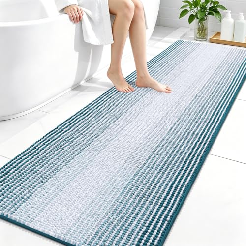 Image of OLANLY Bathroom Runner Rugs 70x24, Extra Soft Absorbent Chenille Striped Bath Rugs, Rubber Backing, Machine Wash Dry, Long Bath Mats for Bathroom, Tub, Shower, Home Decor Accessories, Peacock Blue