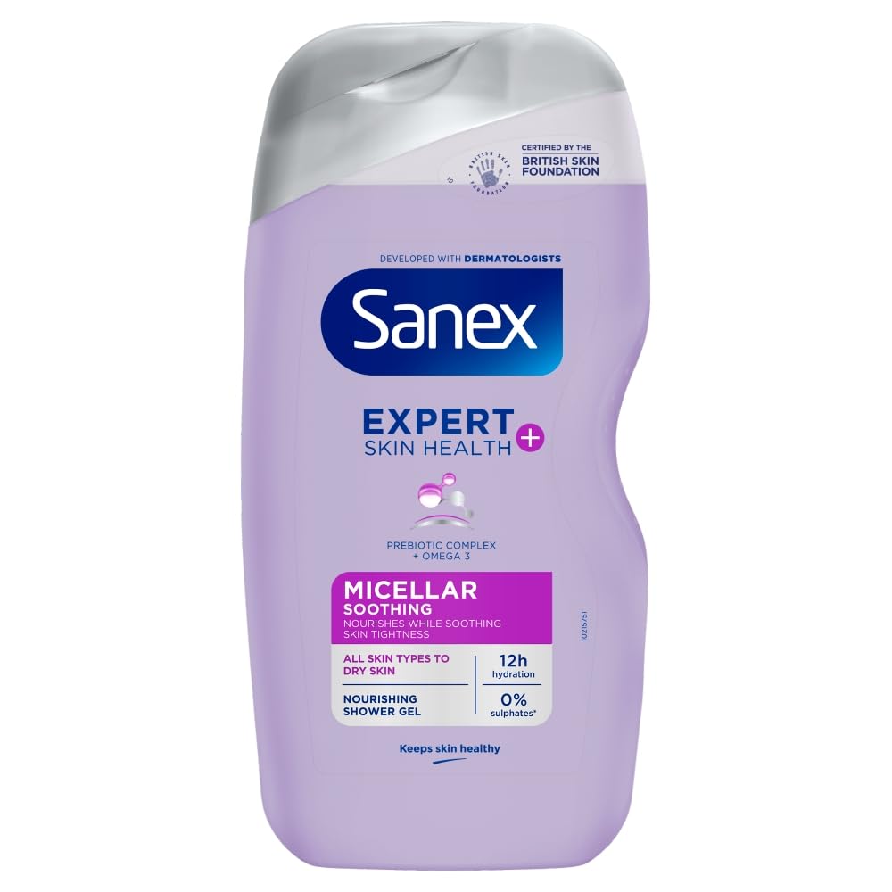 Sanex Expert Skin Health+ Micellar Soothing Shower Gel 450 ml, for dry skin, body wash for men & women, nourishes skin, soothes skin tightness, 12 hour hydration, prebiotic & postbiotic complex