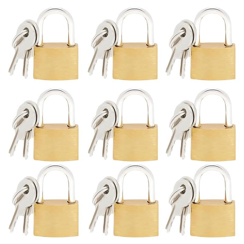 ZINNIAUK 9 x 20mm Brass Padlocks with Keys – Durable Solid Brass Body Mini Padlocks for Lockers, Bags, Luggage, Tool Boxes, Cabinets, Cupboards, Jewellery Boxes & Travel – Small Security Padlock Set