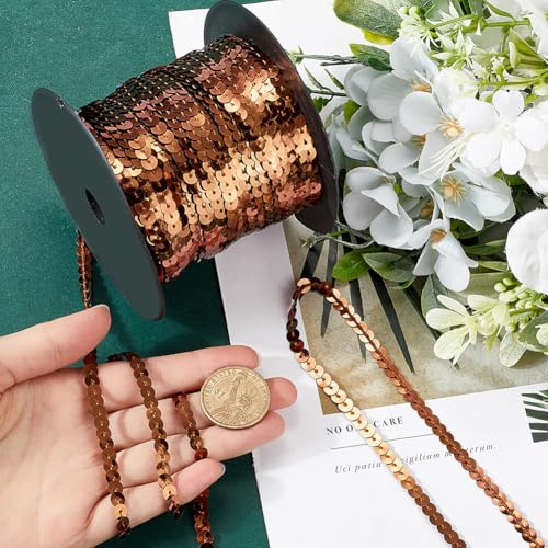 SOFPLATE 100 Yards Brown Sequin Strip 6mm Flat Sequin Ribbon Trim String Metallic Sequin Strand Paillette String Holographic Sequins Roll for Crafts Sewing Dress Costume Headband Fringe Embellishments - Image 3