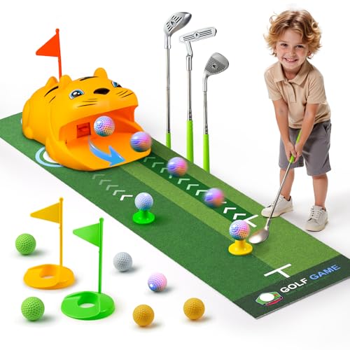 TOMMYHOME Putting Green Indoor with Toddlers Golf ClubsParty Game with Automatic Golf Bounce Back Machine Outdoor Training mats Light up Balls Gifts for 3 Year Old boy&Girl