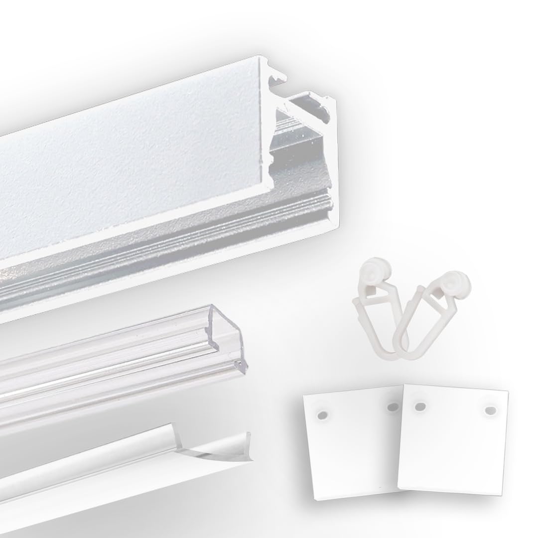 INNOVATE Gardinenschiene 1 läufig Schmal Alu Weiß 2m LED Streifen Gardinen [ Vorhangschiene 1 läufig 2000x17,7x18,3mm Aluminium ] Gardinenstange Schiebevorhang Decke I Vorhangstange Schiebegardinen