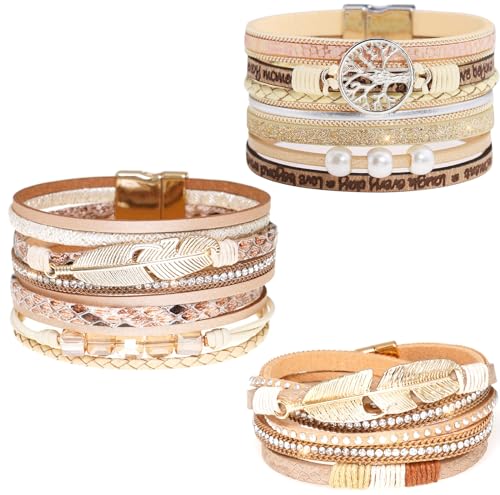 Rumnoke 3Pcs Leather Wrap Bracelet Set Multilayer Wrist Cuff Bracelets with Magnetic Clasp for Women Feather Tree Crystal
