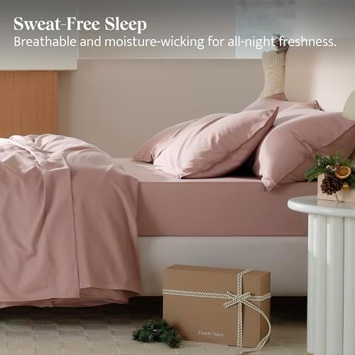 Double Stitch Cotton Tencel Sheet - Bed Sheets Set Queen Size, 4Pc Luxury Hotel Bedding Set, Soft, Cooling & Breathable for Hot Sleepers, Deep Pocket Up to 16 Inches, Dusty Mauve - Thumbnail 3