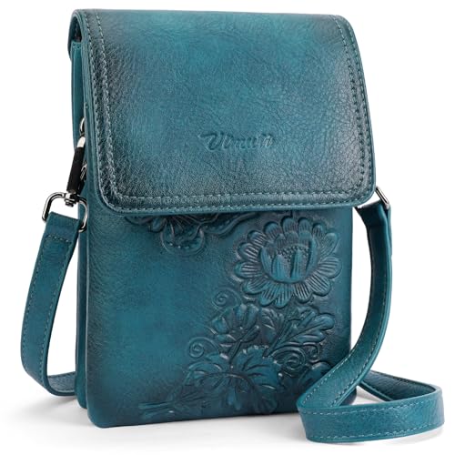 Image of Small Crossbody Bags for Women Trendy Vegan Leather Cell Phone Bag Embossed Flower Design Wallet Purses with Strap