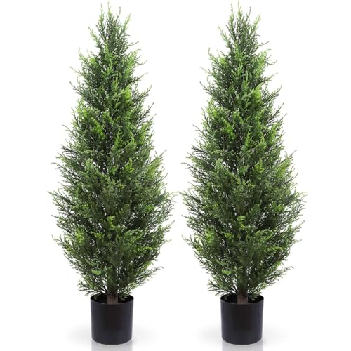 Artificial Cedar Topiary Trees 3ft Fake Cypress Trees Faux Cedar Topiary Evergreen Potted Plants Silk Pine Cypress Tree for Outdoors Front Home Decor 2 Pack