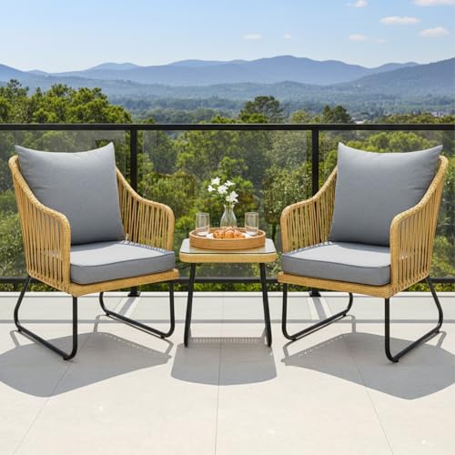 Image of DEVOKO 3-Piece Patio Furniture Set Handwoven Wicker Chairs with Waterproof Cushions,Glass Top Coffee Table Perfect Porch Bistro Set for Backyard, Garden, and Deck