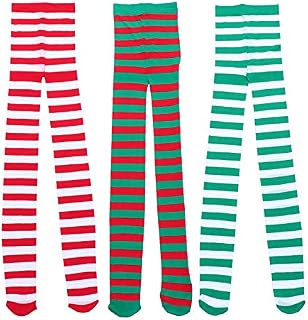 NUOBESTY 3 Pcs/Set Red Green White Striped Leggings Pantyhose Thigh High Stocking Leg Warmers Santa Party Tights Elf Tights for Christmas Holiday Costume
