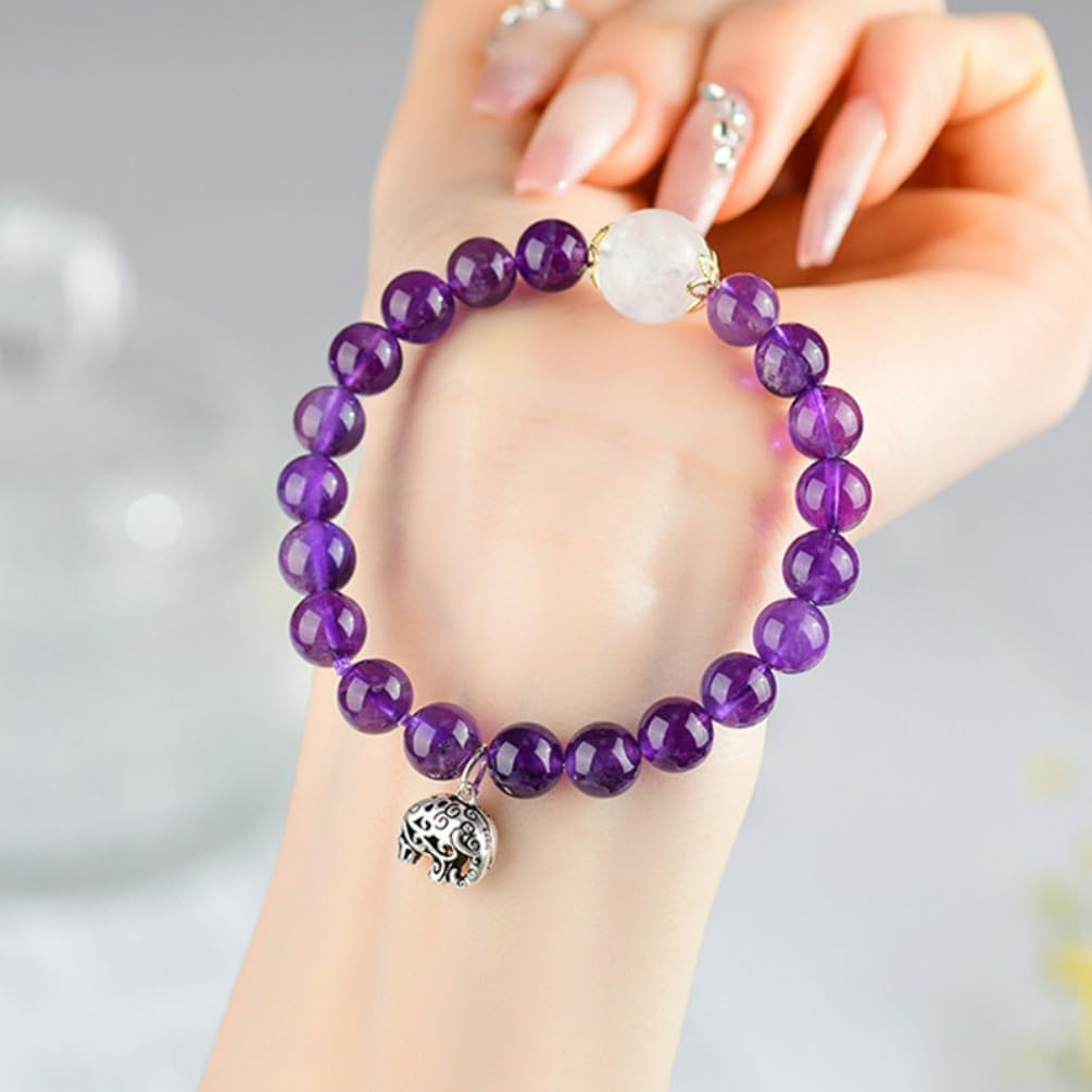 DorkTees (C785紫水晶蓝月光手链+吉象) 天然紫水晶蓝月光 Fengshui Jade Bracelet Lucky Charm 手链S925银吉象新中式原创紫罗兰色手串