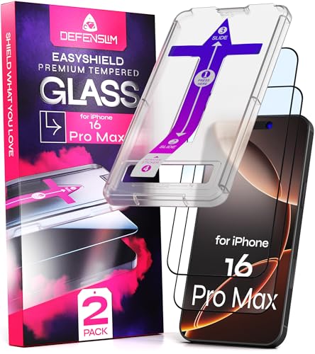 Image of Defenslim Screen Protector for iPhone 16 Pro Max (2Pack), Easy Auto-Align Install Kit, 6.9 inch Tempered Glass, 9H Hardness, Ultra HD Clear, Case Friendly, EasyShield
