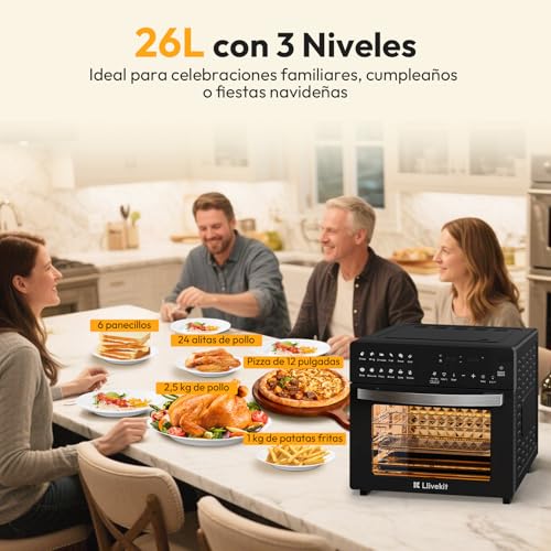 LLIVEKIT Freidora sin Aceite 26L, 1700W Freidora de Aire Caliente, 12 en 1 Air Fryer, Mini Horno Electrico para Pizza con Pantalla LED Táctil, asador, deshidratador, con 8 Accesorios, Recetas