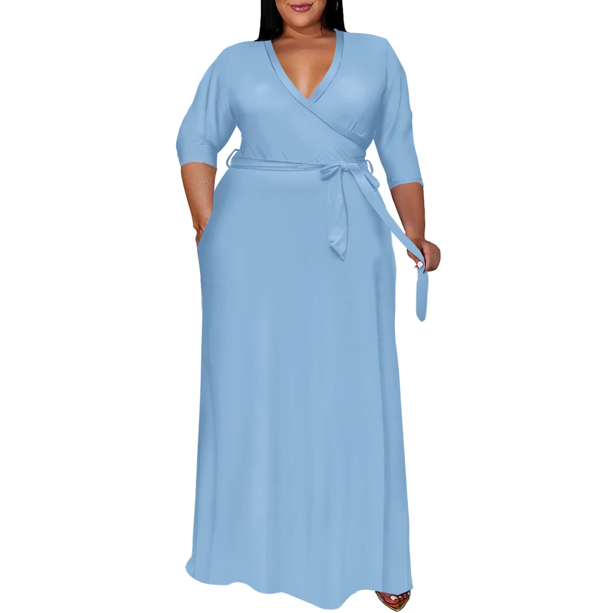 Runwind Abito da donna taglie forti - Maxi abiti da donna con maniche a 3/4 e scollo a V (XL-6XL) | Maxi versatile per matrimoni, feste in chiesa, vacanze, maniche a 3/4, scollo a V con tasche, morbido tessuto elastico, 1X-6X
