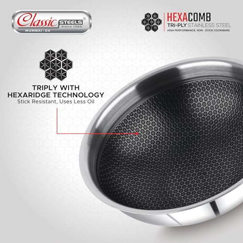 Image of Classic Steels Hexa Comb Triply Tasla Without Lid - 1.5 LTR (20cm) | Stainless Steel Deep Kadhai | Gas & Induction Compatible | Silver Cookware for Indian Cooking | 2.5mm Thickness