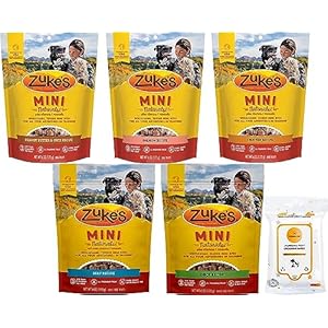 Variety Pack (5) Zukes Mini Naturals Soft Dog Treats (1) Chicken (1) Beef (1) Salmon (1) Duck (1) Peanut Butter & Oat with AuroraPet Wipes