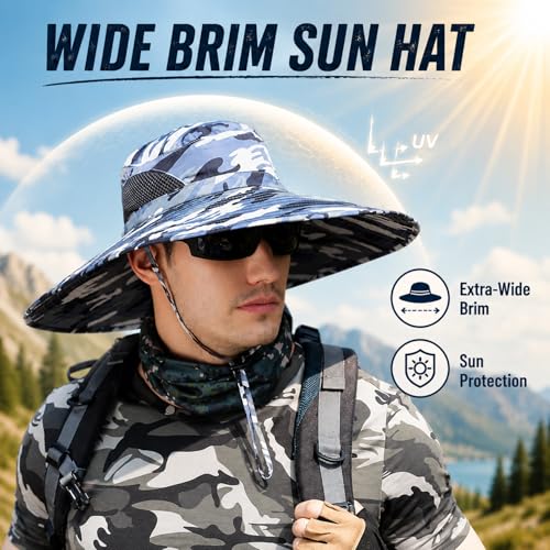 Image of HUAMULAN Wide Brim Sun Hats Men and Women Bucket Safari Fishing Hat for Hiking Garden Lawn Work Camping Outdoor