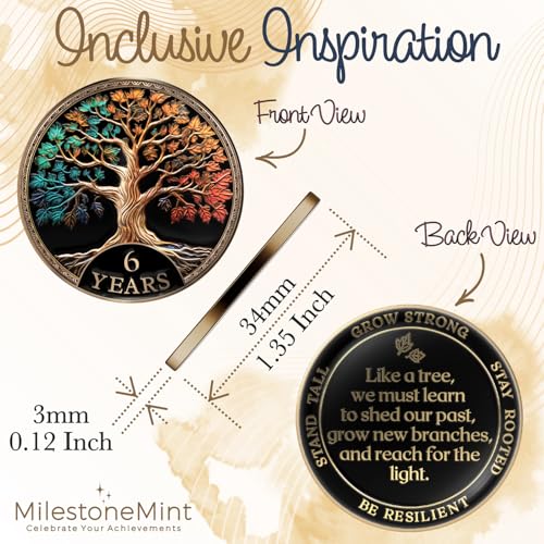 Image of MilestoneMint 6 Year Sobriety Coin, Tree of Life, AA Coins and Medallions | Sobriety Gifts for Men and Women | 3D Texture with Token Acrylic Capsule, Stand, Cards & Velvet Pouch | Recovery Sober Coin