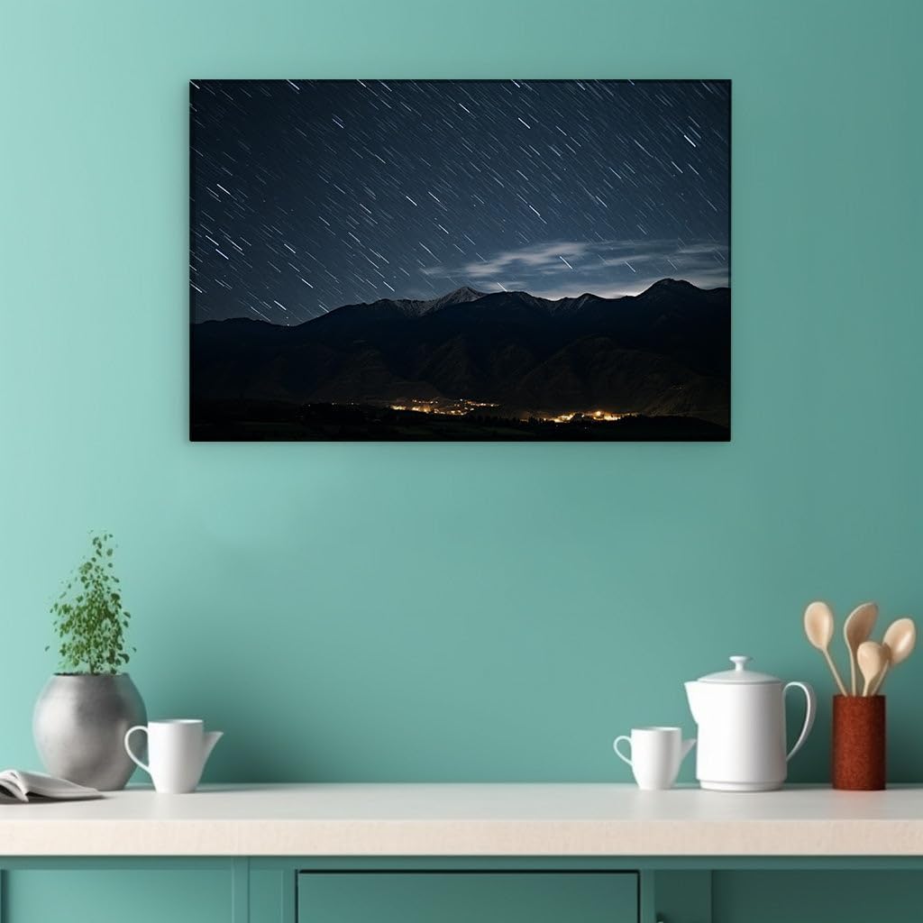 Canvas for Living room. Starry Skies and Twinkling Lights: A Village's Nocturnal Symphony Against the Mountain's Silhouette, 27 x 18 inch Canvas Wall Art - Surrealistic Visions - Modern Home Decor