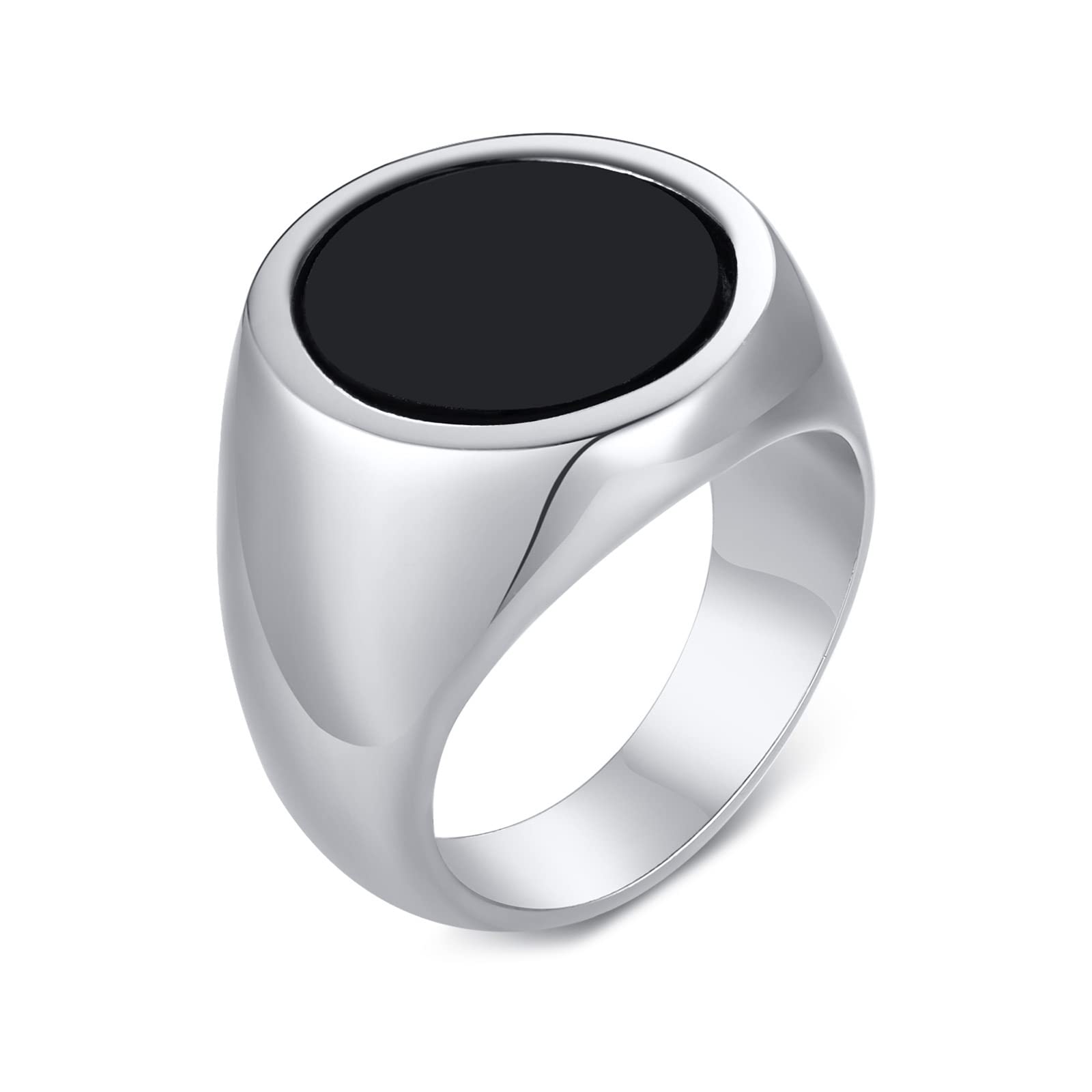 Gualiy Men Ring Stainless Steel, Silver Ring For Men Round Signet Ring with Enamel Ring Size N 1/2 to X 1/2