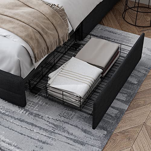 Modern Upholstered Bed Frame With 4 Drawers, Platform Bed With Button Tufted Headboard Design, Solid Wooden Slat Support, Easy Assembly, Full Size, Black #TOP2