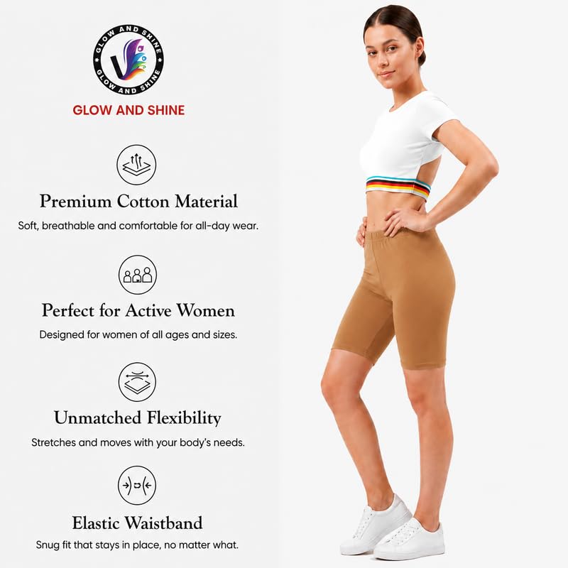 Image of Women's Cotton Lycra Cycling Shorts | 95% Cotton 5% Spandex | Stretchable Knee Length Tights for Gym, Yoga & Sports