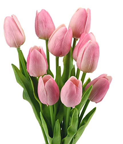 FiveSeasonStuff 10 Stems of Real Touch Tulip Artificial Flowers Bouquet, Perfect for Wedding, Bridal, Party, Home, Holidays, Garden, Birthday, Office Décor DIY (Pink)