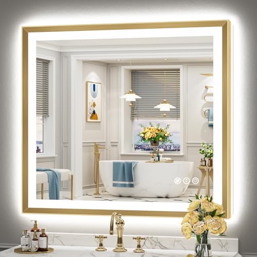 Image of 40x36 Gold Beveled LED Bathroom Mirror Backlit & Front Lit Anti-Fog | Brushed Gold Framed, Anti-Fog Lighted Vanity Mirror, Dimmable, 3-Color Light, Memory, CRI95, HD Tempered Glass, UL Listed